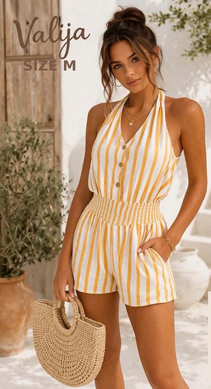 Valija Yellow Striped Halter Romper Size M, Summer Boho Vacation Outfit
